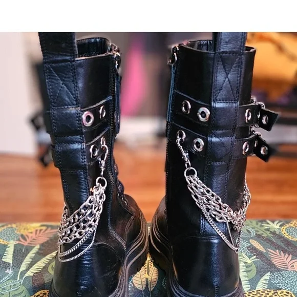 Zara Black Combat Boots with Silver Chains - Picture 4 of 6
